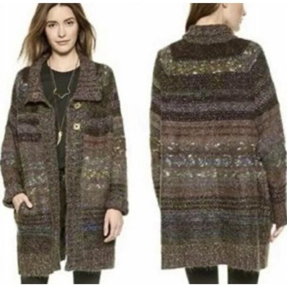 Free People Wool Mohair Gray Purple Striped Long Sweater Jacket Coat Sz L - Picture 1 of 14